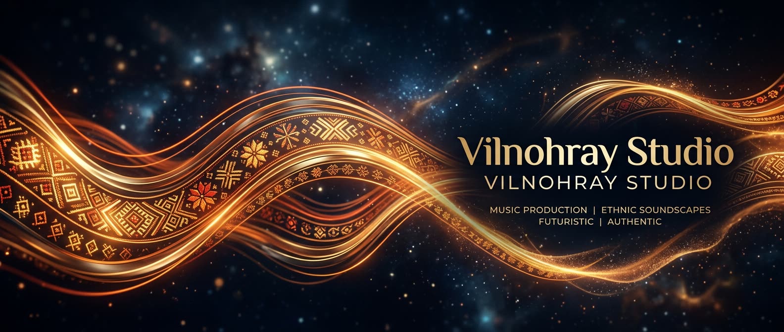 Золота хвиля з вишиваним орнаментом на тлі нічного неба — фірмовий банер Vilnohray Studio